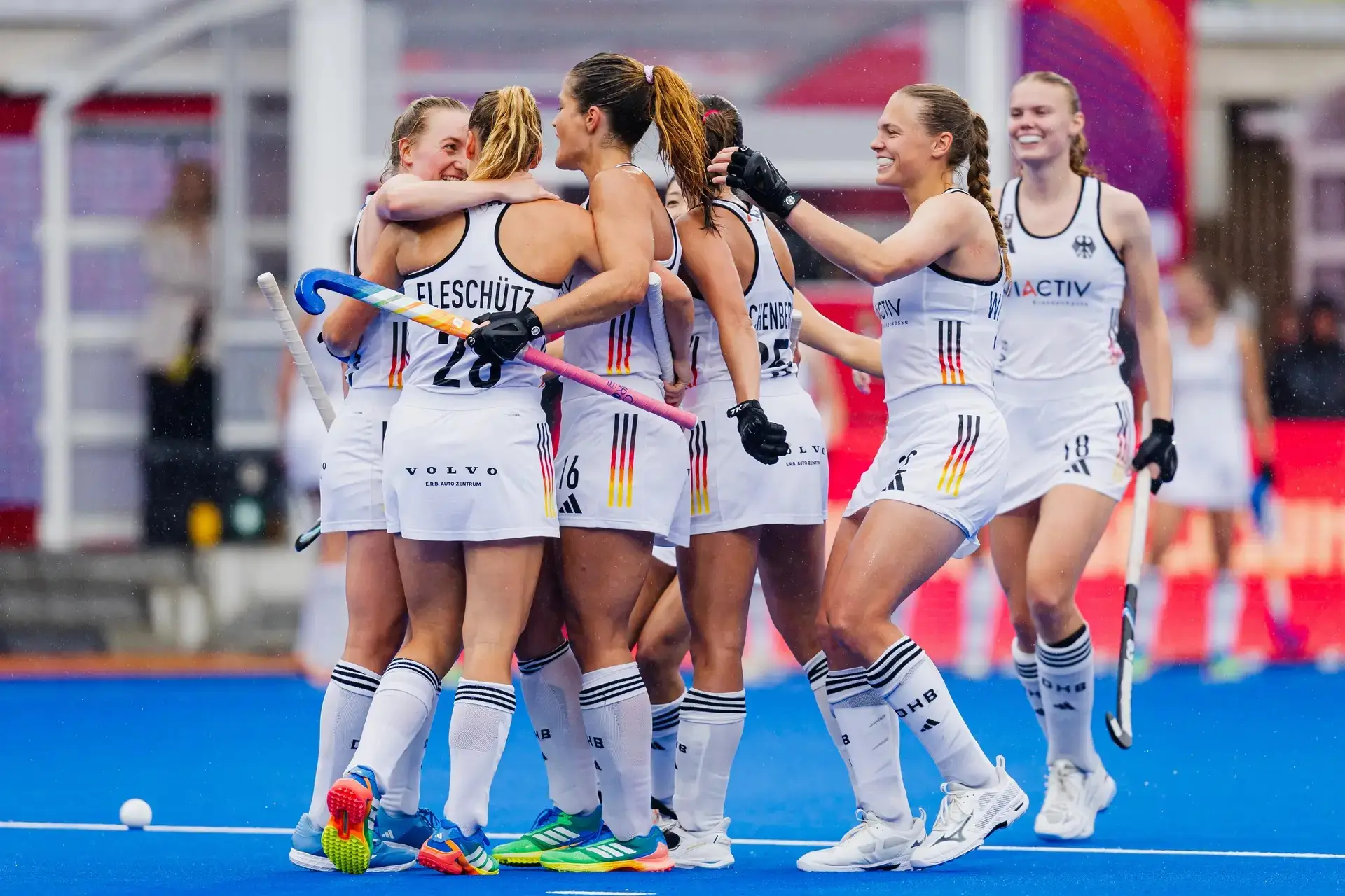 Germany's women's hockey team celebrating a goal