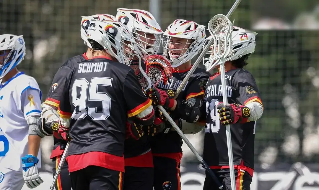 Germany's men's lacrosse team celebrating a goal